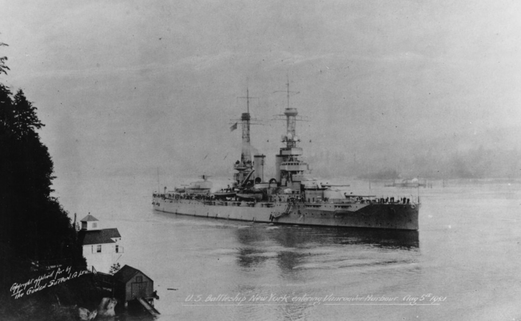 New York entering Vancouver Harbor, British Columbia, on 5 August 1921. (Naval History and Heritage Command Photograph NH 89557)