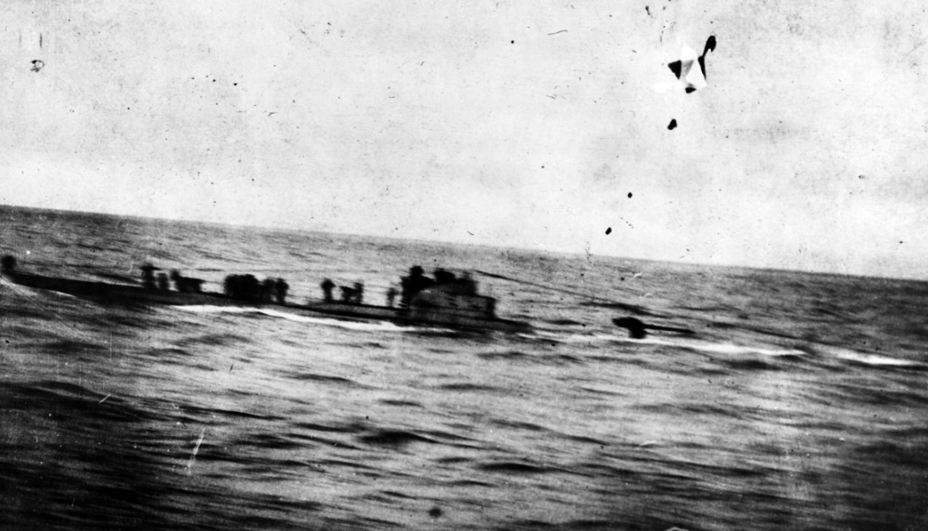 U-58 on the surface making ready to surrender after her engagement with Fanning and Nicholson on 17 November 1917. Photo taken from Nicholson. Courtesy of Rev. W.R. Siegart. (Naval History and Heritage Command Photograph NH 54060)