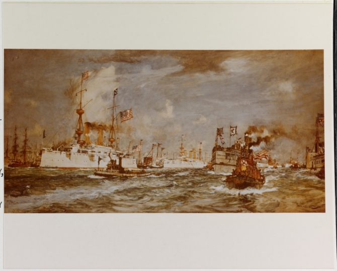 This oil painting, “New York’s Welcome to Admiral Dewey, 1899,” captures the jubilation as Olympia steams into the harbor. Armored cruiser New York is fittingly the next ship astern, and excursion steamer Sandy Hook is also in the picture. (Courtesy of Colin Denny, London, England, 1976, Charles ??xon (illegible), U.S. Navy Photograph NH 85811-KN, Photographic Section, Naval History and Heritage Command)