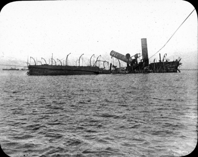The Spanish flagship lies wrecked following the Battle of Manila Bay, 1898. (Courtesy of the estate of Lt. C.J. Dutreaux, U.S. Navy Photograph WHI 2014.16, Photographic Section, Naval History and Heritage Command)