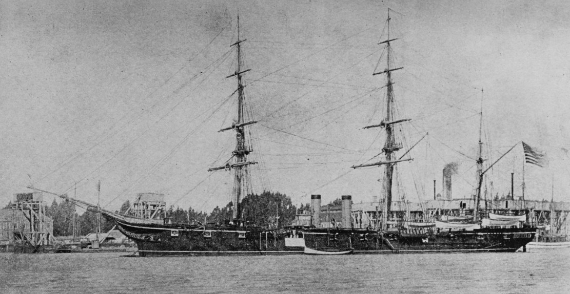 A photograph of Omaha early in her service displays her sleek profile, circa 1870s–1880s. The ship is anchored, her sails furled, and a boat is moored along her port amidships. (Naval History and Heritage Command Photograph NH 45216)