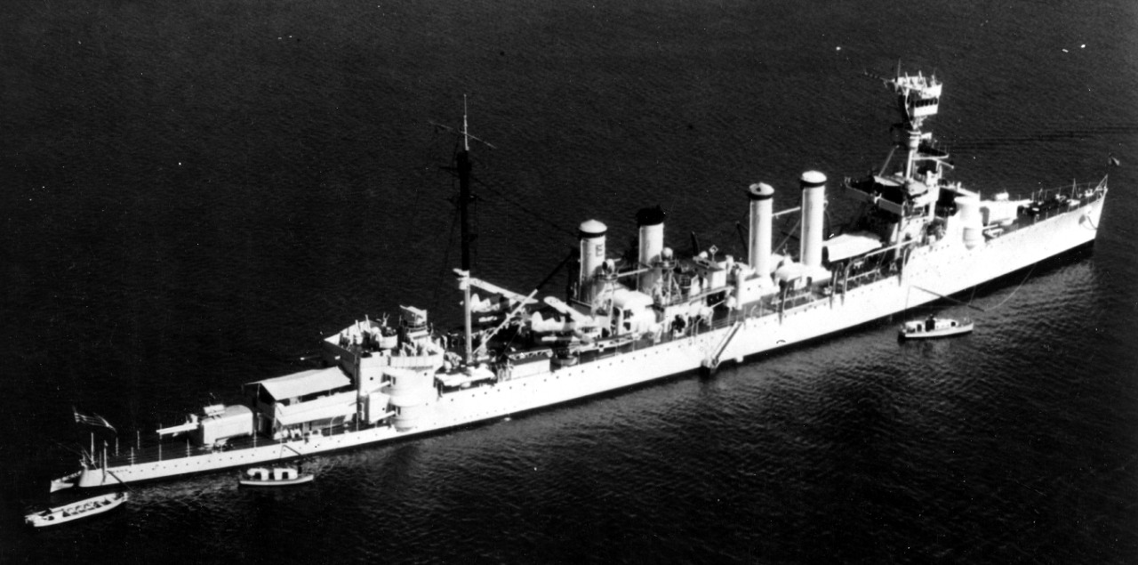Aerial view of Omaha released 10 March 1938, showing clearly the groups of .50 caliber antiaircraft machine guns in the foretop and on the after superstructure, and two Seagulls on her catapults. (U.S. Navy Bureau of Ships Photograph 19-N-17951, National Archives and Records Administration, Still Pictures Branch, College Park, Md.)