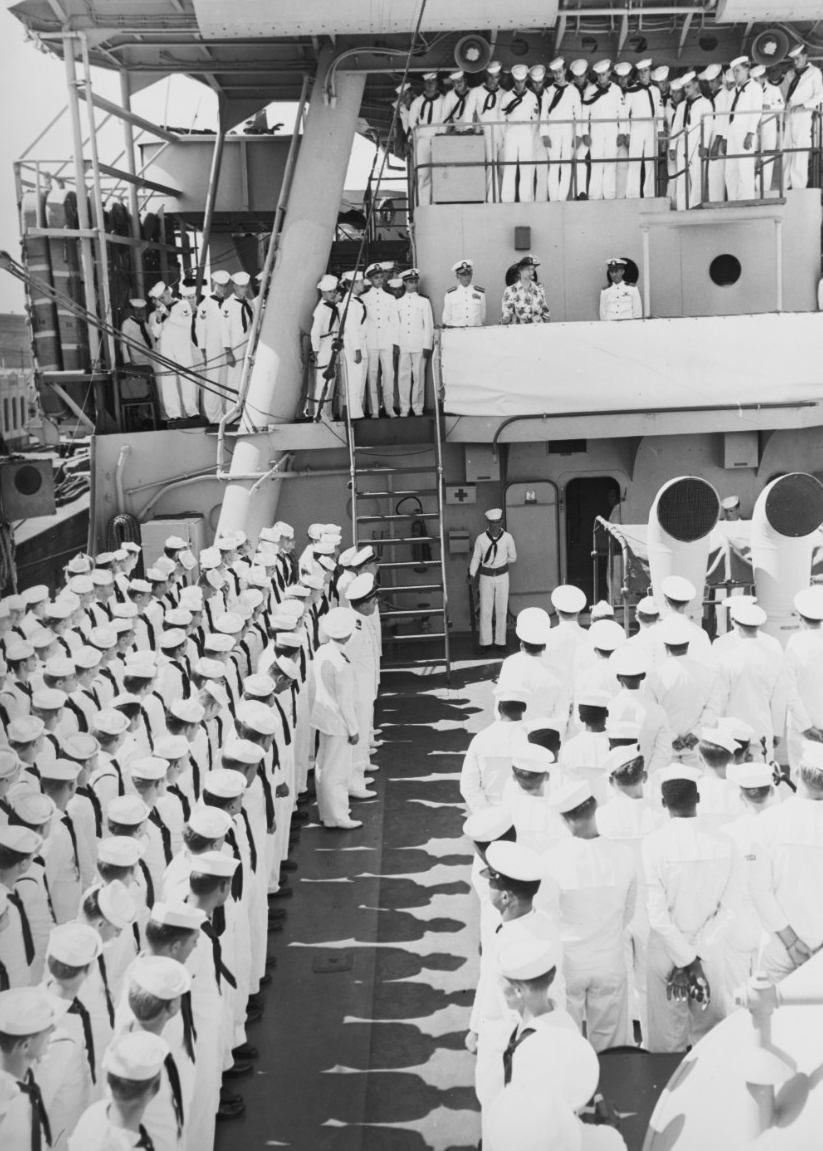 First Lady Eleanor Roosevelt speaks to Omaha’s ship’s company at Recife, 16 March 1944. (U.S. Navy Photograph 80-G-220863, National Archives and Records Administration, Still Pictures Branch, College Park, Md.)