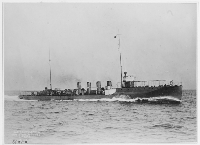 Parker (Destroyer No. 48) makes 25.955 knots on builder's trials, 18 November 1913. No armament was installed on board at that time. (Naval History and Heritage Command Photograph NH 42998)