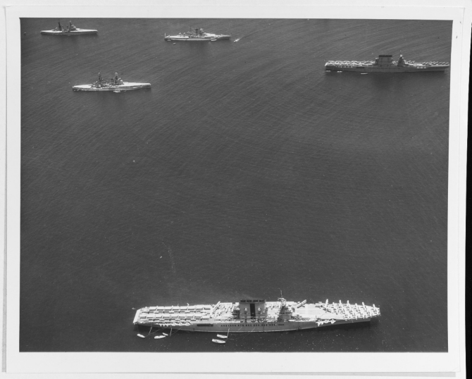 Pennsylvania flagship--and two other battleships of the U.S. Fleet with Saratoga (CV-3), Lexington (CV-2) anchored off Colon, Canal Zone, 27 April 1934, during the fleet's annual inter-ocean movement. (U.S. Navy Photograph 80-G-455927, National Archives and Records Administration Still Pictures Division, College Park, Md.)