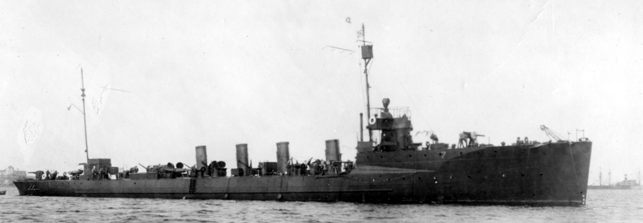 Undated view of Preston underway, speed cones at her port and starboard yardarms. Note the open bridge and forward gun shrouded in canvas. (U.S. Navy Bureau of Ships Photograph, 19-N-12196, National Archives and Records Administration, Still Pictures Branch, College Park, Md.)
