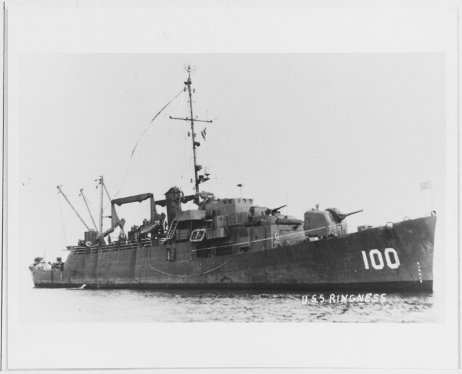 Ringness flies her long red, white, and blue “Homeward Bound” pennant as she returns from the war, most likely photographed while entering San Pedro harbor, Calif., 23 February 1946. (U.S. Navy Photograph NH 73857, donated by Donald M. McPherson in 1974, Photographic Section, Naval Heritage and History Command).