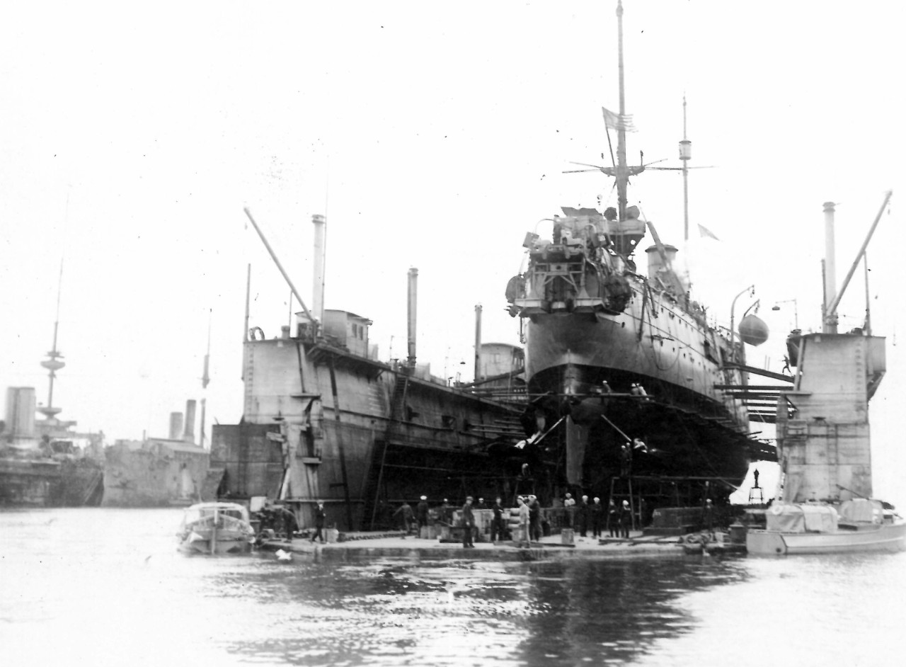 San Francisco in a floating dry dock at Invergordon, Scotland, in September 1918. Official U.S. Navy Photograph. (Naval History and Heritage Command, Decommissioned Ships Files, Box 703, San Francisco (Cruiser No. 5) Photographs folder)