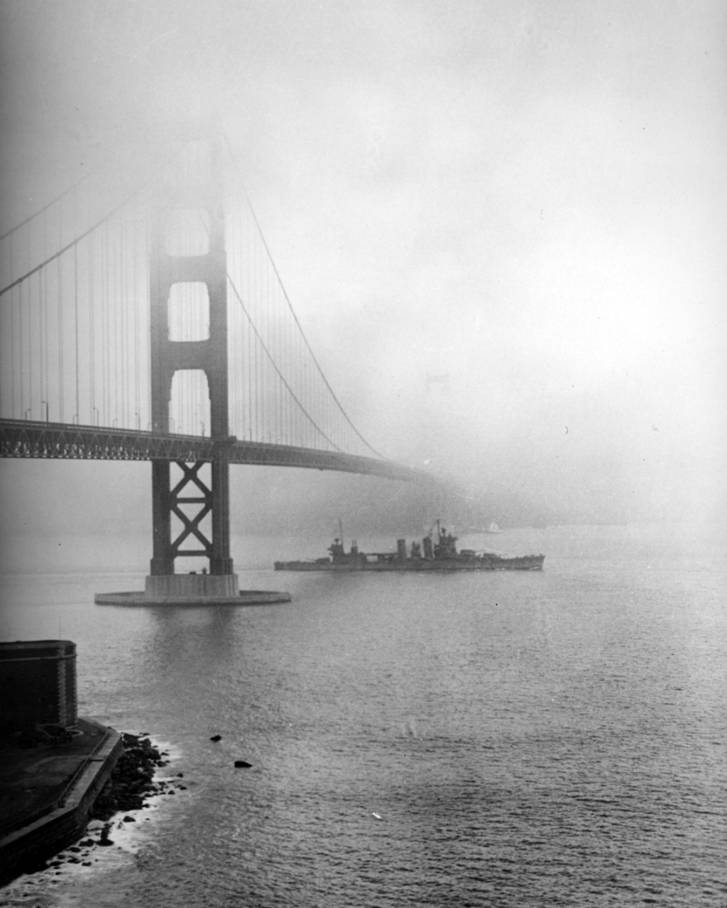 San Francisco (CA-38) under Golden Gate Bridge