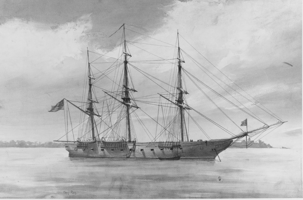 Black and white image of a drawing by Clary Ray depicting Savannah II - a frigate - as she appeared around the time of the US Civil War. The ship is anchored with sails furled and the bow is pointed toward the right of the image. The skies are cloudy and land can be seen in the background.