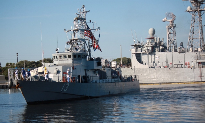 Shamal returns to Naval Station Mayport, Fla., from her second 45-day-patrol with the Fourth Fleet in the Caribbean following her return to the Navy, 20 April 2016. The ship deploys as part of Operation Martillo, a joint, international law enforcement and military operation targeting illicit trafficking routes in Central American waters. (Lt. (j.g.) Victoria Einbinder, U.S. Navy Photograph 130921-N-ZZ999-028, “USS Shamal completes deployment in Latin America, Caribbean,” Southern Command).