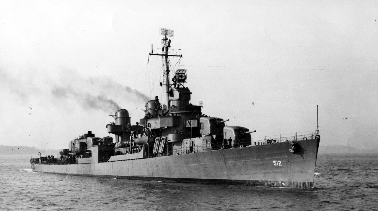 Three-quarter bow view of Spence at Boston, 25 March 1943, showing the rearrangement of her secondary battery, with the single 40-millimeter gun on her fantail having been replaced by a trio of 20-millimeters, and the addition of twin 40-millimeter mounts both port and starboard. (U.S. Navy Bureau of Ships Photograph BS-42093, 19-LCM Collection, National Archives and Records Administration, Still Pictures Division, College Park, Md.)