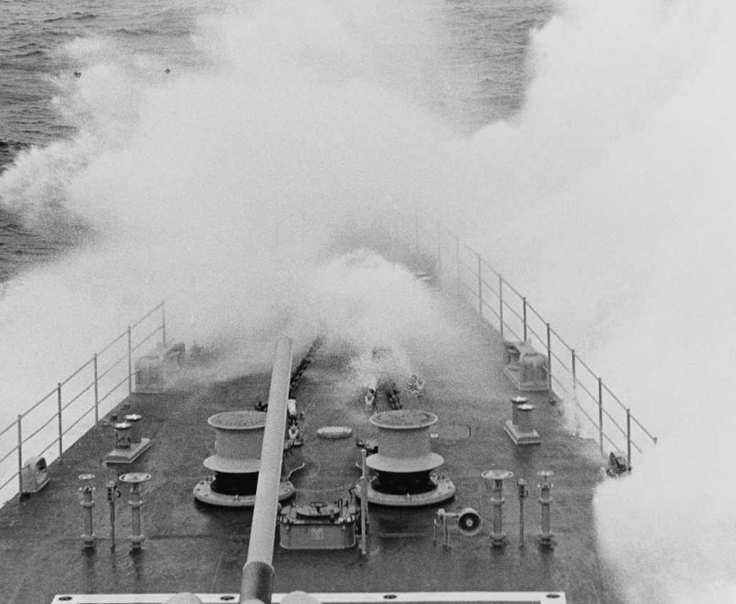 The hurricane’s heavy seas batter Spruance as she steams in the Gulf of Mexico during her shakedown cruise, November 1975. (PH1 Lonnie M. McKay, Naval History and Heritage Command Photograph NH 96857)