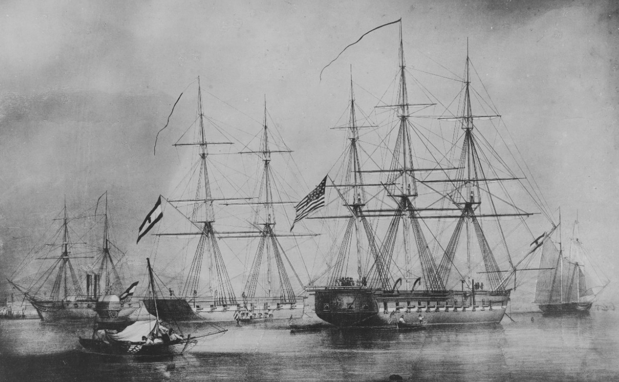 Stand-off at Smyrna: St. Louis lies alongside the Austrian sloop of war Hussar, 2 July 1853. (Naval History and Heritage Command Photograph NH 108509)