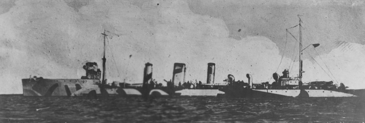 Sterett wearing pattern camouflage, circa 1918. This photograph has been heavily retouched, with crude overpainting eliminating all traces of Sterett's forward gun. (Naval History and Heritage Command Photograph, NH 41756)
