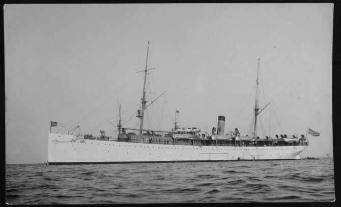 Painted white and spar color, Supply was most likely photographed before the World War, possibly during one of her long periods of duty as station ship at Guam. Donation of Capt. Stephen S. Roberts, USNR (Ret.), 2008 (U.S. Naval History and Heritage Command Photograph NH 105955)