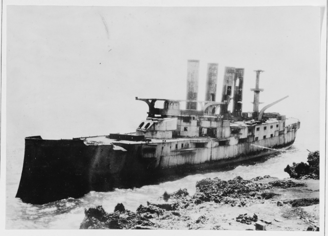 Abandoned at Santo Domingo, February 1929. Although sold seven years before this photograph was taken, not much progress had been made in breaking her up. (U.S. Minister to the Dominican Republic, U.S. Navy Photograph NH 59922, Photographic Section, Naval History and Heritage Command)