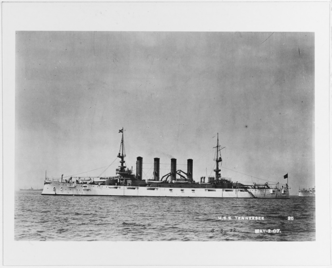 Tennessee anchors in Hampton Roads for the Jamestown Exposition, 2 May 1907. (U.S. Navy Photograph NH 46212, Photographic Section, Naval History and Heritage Command)