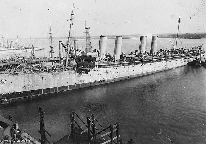 Von Steuben in port, 31 October 1917. Iowa (Battleship No. 4) is behind her. (Naval History and Heritage Command Photograph NH 97998)