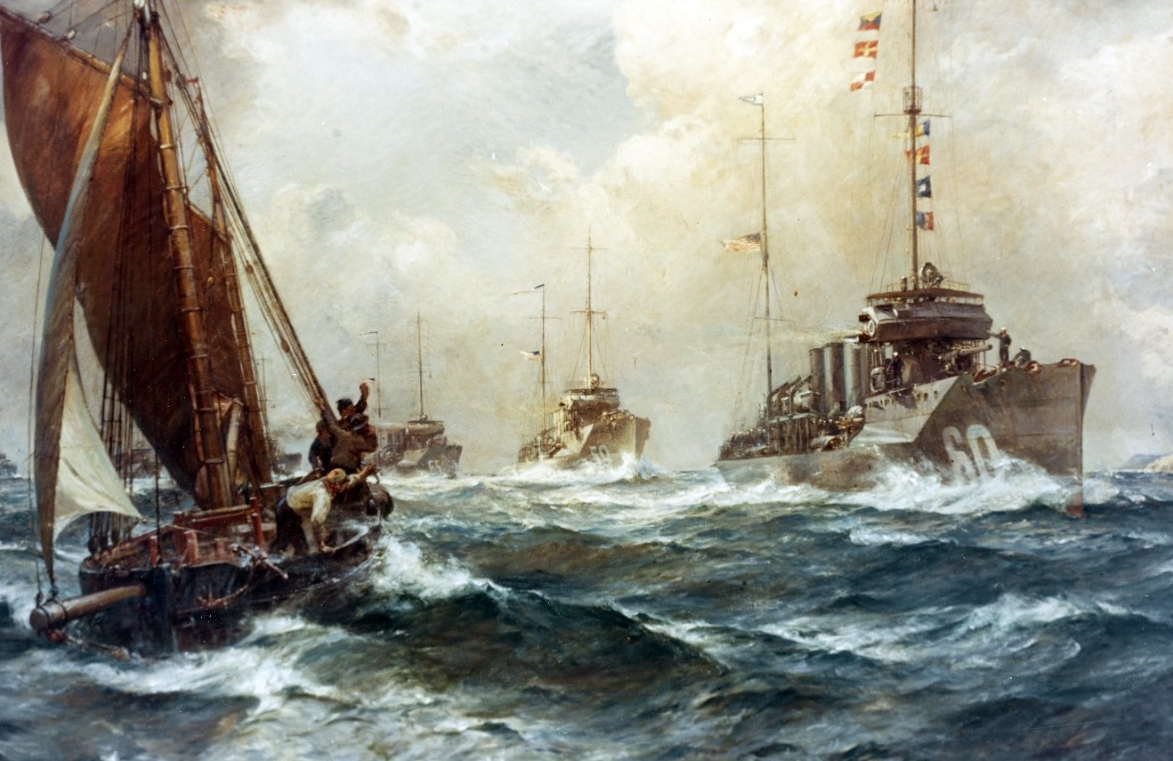 Return of the Mayflower, 4 May 1917; Oil on canvas by Bernard F. Gribble, circa 1918, depicting the arrival off Queenstown, Ireland, of the first U.S. Navy destroyers to reach the European war zone for World War I service. The ships were under the command of Cmdr. Joseph K. Taussig. Wadsworth (Destroyer No. 60) leads the line of destroyers, followed by Porter (Destroyer No. 59), Davis (Destroyer No. 65) and three others. A local fishing vessel is under sail in the left foreground. Courtesy of the U.S. Naval Academy Museum, Annapolis, Md. USNA Museum Accession No. 21.9, gift of the Navy Department, 1921.color; Catalog No.: KN-215