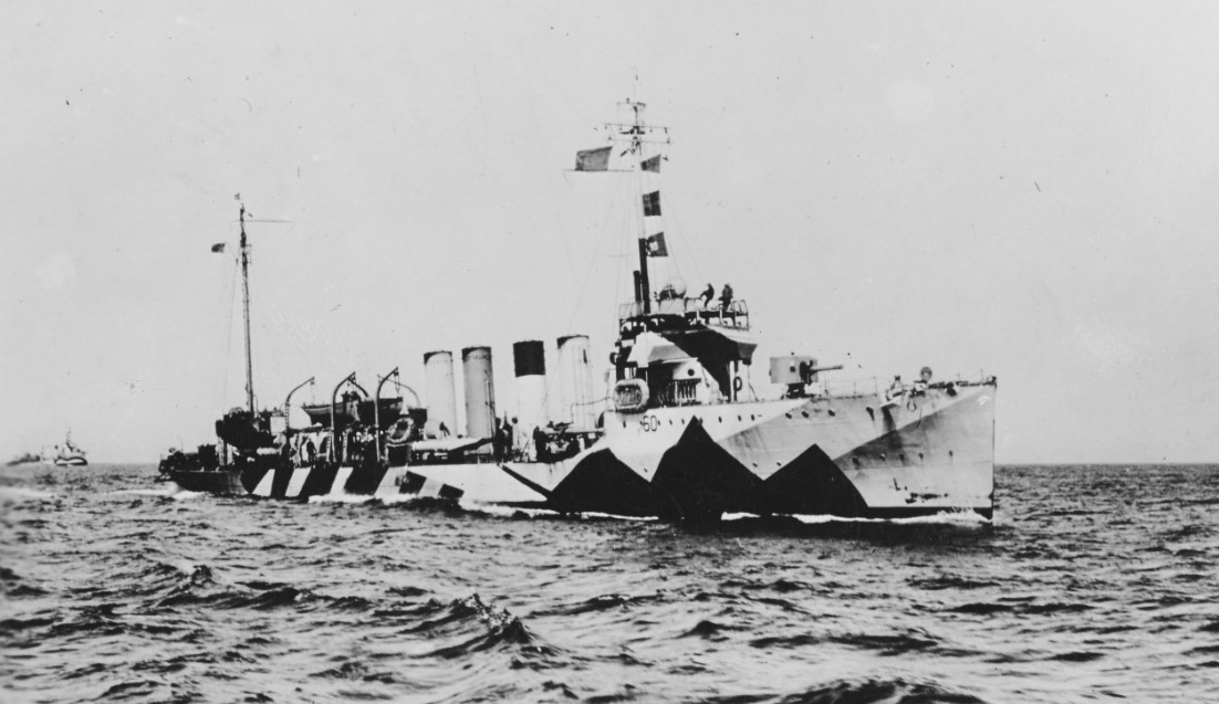 Wadsworth underway off western France, 18 June 1918, as seen from Whipple (Destroyer No. 15). Note Wadsworth’s pattern camouflage scheme. (Naval History and Heritage Command Photograph  NH 41512)
