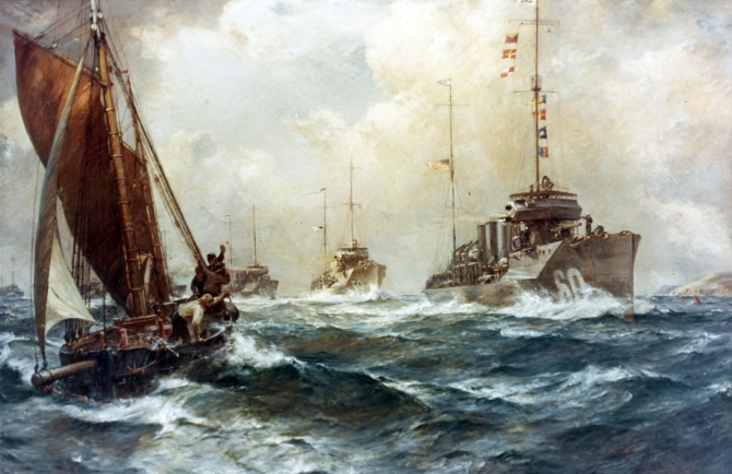 Return of the Mayflower, 4 May 1917. Oil on canvas by Bernard F. Gribble, circa 1918, depicting the arrival off Queenstown, Ireland, of the first U.S. Navy destroyers to reach the European war zone for World War I service. The ships were under the command of Cmdr. Joseph K. Taussig, USN. Wadsworth (Destroyer No. 60) leads the line of destroyers, followed by Porter (Destroyer No. 59), Davis (Destroyer No. 65), and three others. A local fishing vessel is under sail in the left foreground. Courtesy of the U.S. Naval Academy Museum, Annapolis, Md. USNA Museum Accession No. 21.9, gift of the Navy Department, 1921, Catalog #: KN-215.