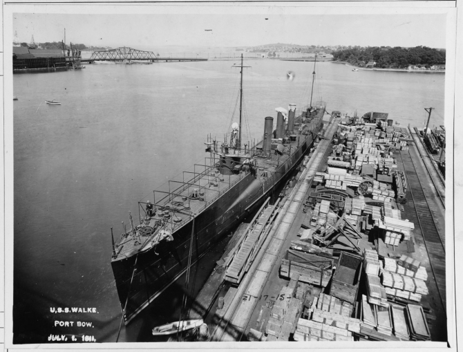 Walke fits out at the Fore River Shipyard, Quincy, Massachusetts, on 1 July 1911. Walke had her awning and bridge cover framing installed, but still lacked her guns and torpedo tubes. She was placed in commission three weeks later, on 22 July. (U.S. Naval History and Heritage Command Photograph NH 2773) 