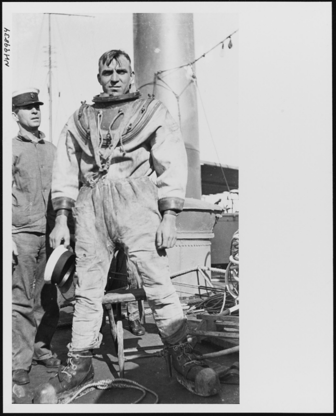 Chief Gunner's Mate Drellishak on board Walke immediately after returning from his record dive, 3 November 1914. (U.S. Naval History and Heritage Command Photograph NH 99834, courtesy of Jim Kazalis, 1981)
