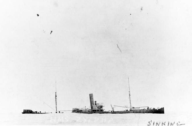 HMS Zylpha sinking on 11 June 1917, photographed from Warrington. Courtesy of Mr. Gustavus C. Robbins, Somerville, Mass. 1973. (Naval History and Heritage Command Photograph NH 77170).