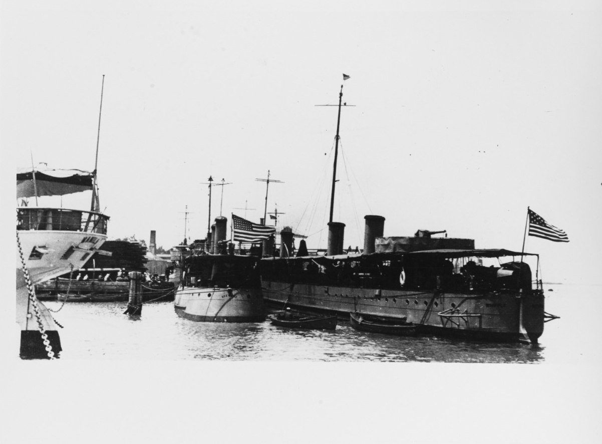 Stewart (Destroyer No. 13) left center and Whipple, right. At the Mare Island Navy Yard, circa 1912-1913. The stern of the schooner Manila (1898-1913) is in the left foreground. Note that Stewart flies a 48-star national ensign, while Whipple’s has 13 stars. Courtesy of Jack Howland, 1982. (Naval History and Heritage Command Photograph NH 93692)