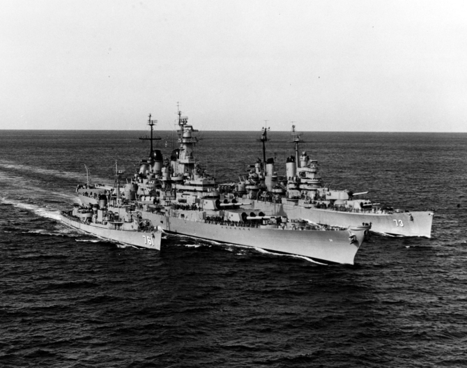 Buck (DD-761), Wisconsin, and Saint Paul (CA-73) steaming in close formation during operations off the Korean coast, 22 February 1952. (U.S. Navy Photograph80-G-440021, National Archives and records Administration, Still Pictures Branch, College Park, Md.).