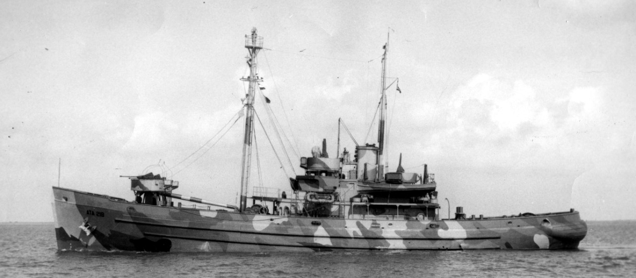 Yaupon in a multi-color disruptive camouflage, probably during her time operating out of Galveston in the spring of 1945, in this view sent to the Bureau of Ships by the Assistant Industrial Manager, USN, Eighth Naval District, Galveston, Texas o...