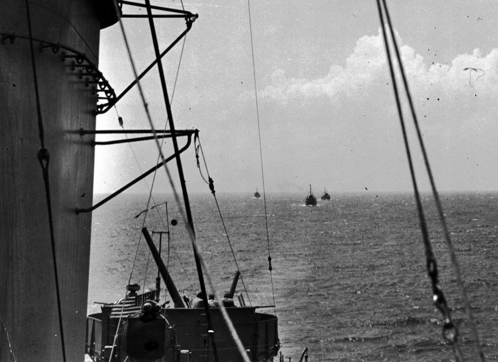 As seen from Helm’s bridge, YP-239, YP-284, and YP-346 endeavor to keep formation as they near Guadalcanal on 1 September 1942. (U.S. Navy Photograph 80-G-32146, National Archives and Records Administration, Still Pictures Division, College Park,...
