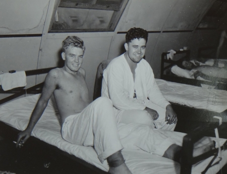 (L to R) Troy A. Nunley, S2c USNR and David A. Thompson, EM3c USNR, survivors of the USS Indianapolis in Naval Base Hospital No. 20, Peleliu, 5 August 1945.