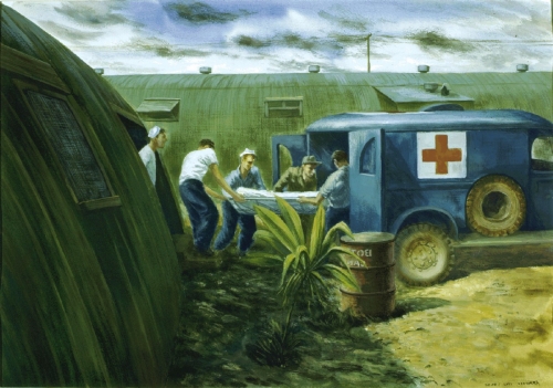 Painting by Navy Combat Artist Alexander Russo of Ambulance being loaded with Indianapolis survivors at Peleliu Base Hospital No. 20 (NHHC Art Section).