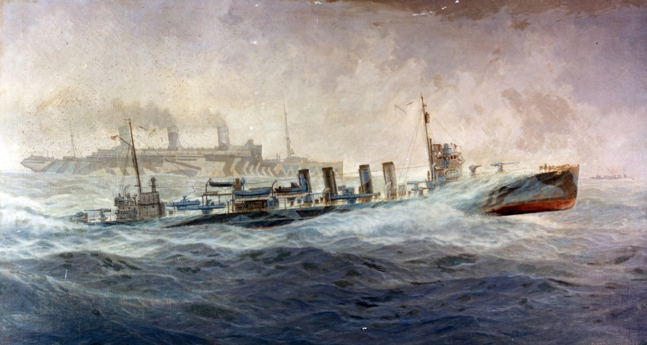 A Fast Convoy - Oil painting by Burnell Poole, depicting USS Allen (Destroyer # 66) escorting USS Leviathan (ID # 1326) in the War Zone, 1918. The original painting measures 60&#34; x 33&#34;.