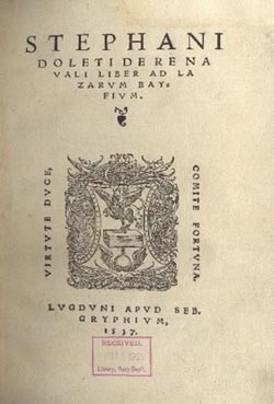 Title page to Dolet's "De Re Navali."