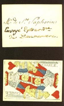 One of the cards collected by John Paul Jones when he served with the Russian Navy. Note that this person did not have a calling card available, so he wrote his name and title on a playing card.