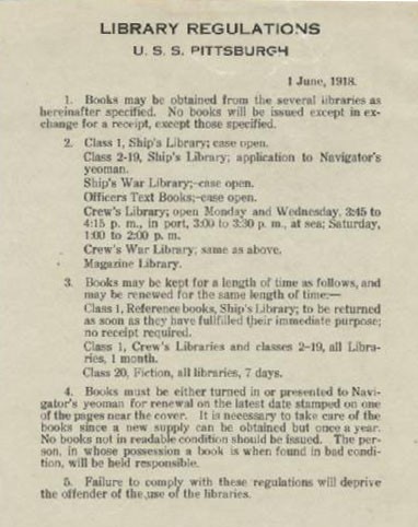 Image of Library Regulations USS Pittsburgh, 1 June 1918