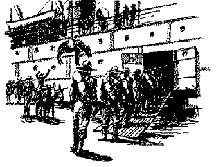 Illustration: U.S. Army soldiers board a transport for Cuba. Pen and ink drawing by John Charles Roach.