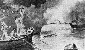 Boat party from USS Petrel sets fire to abandoned Spanish gunboats during the Battle of Manila Bay, 1 May 1898. Drawings by C. T. Smith. Deeds of Valor. Vol. 2. Detroit: Perrien-Keydel Co.