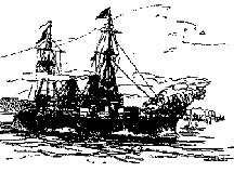 Illustration:USS Olympia engages the Spanish squadron during the Battle of Manila Bay on 1 May 1898. Pen and ink drawing by John Charles Roach.