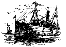 Illustration: The Navy hospital ship USS Solace takes on supplies. Pen and ink drawing by John Charles Roach.