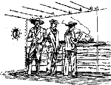 Illustration: Correspondents accompanied the Navy's ships as well as the soldiers on shore. Pen and ink drawing by John Charles Roach.