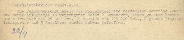 Image of excerpt from the Wehrmacht [German Army] report on 22 April 1944.
