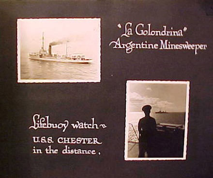 (Left) "La Golondrina" Argentine Minesweeper, (Right) Lifebuoy watch ~ U.S.S. Chester in the distance.