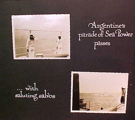 (Left) Argentine's parade of Sea Power passes, (Right) ...with saluting salvos