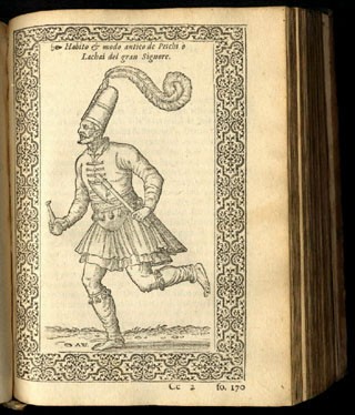 Image of page 170, caption: Habito & modo antico de Peichi D' Lachai del gran Signore [soldier in uniform running].