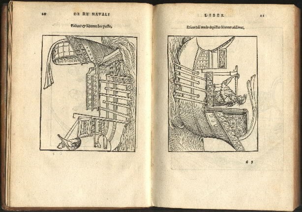 Image - pages 20-21 - captions: Fiebant & biremes hoc pacto [and] Etiam tali modo depictas biremes vidimus.