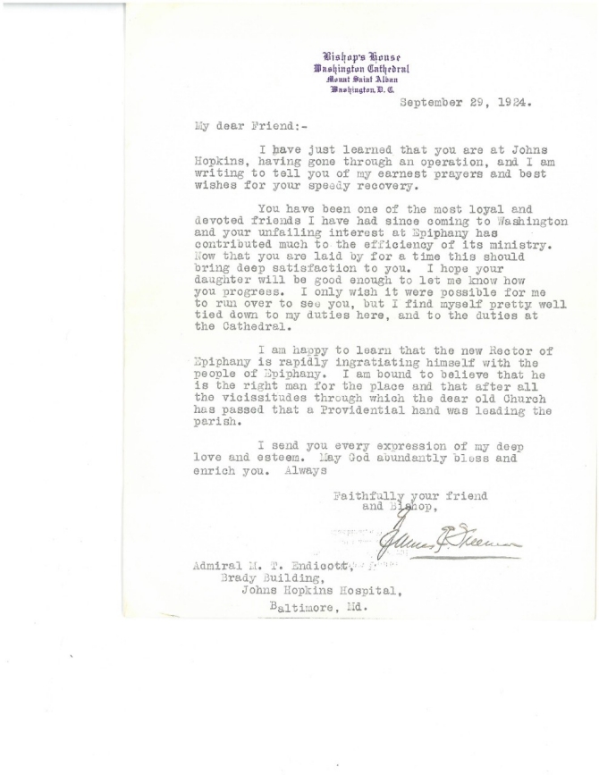 Letter from Bishop to Rear Admiral Endicott, 29 September 1924 (transcription below)